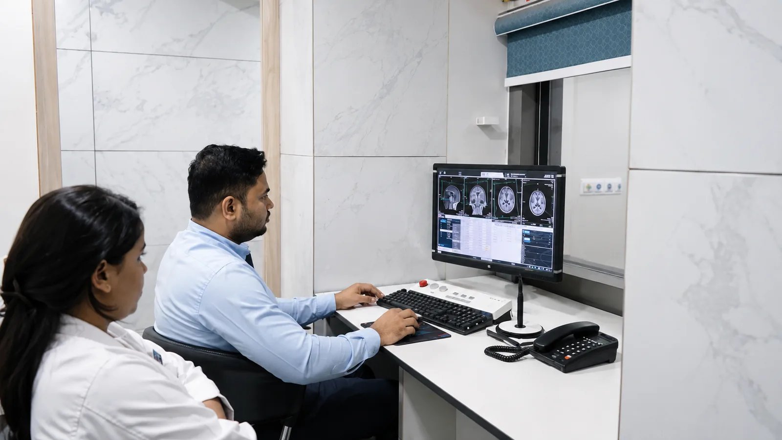 Radiologists reviewing images in the reporting room