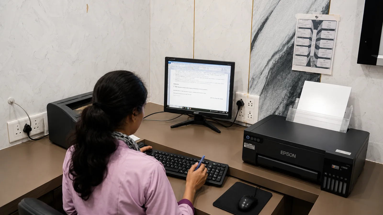 A reporting desk with the report printer